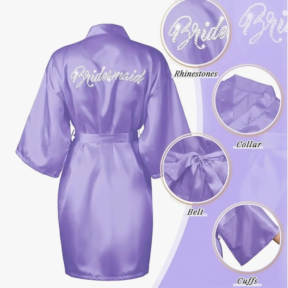 3 Bridesmaids Purple Robes Rhinestone Writing On The Back - Picture 1 of 4